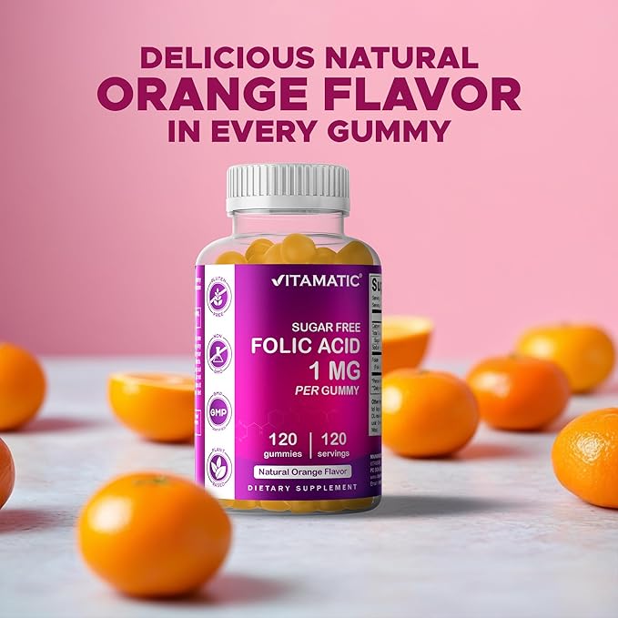 Vitamatic Folic Acid Gummies 1000 mcg (1 mg) - an Essential Prenatal Vitamins for Mom &amp Baby - Vitamin B9-120 Vegan Gummies (3)