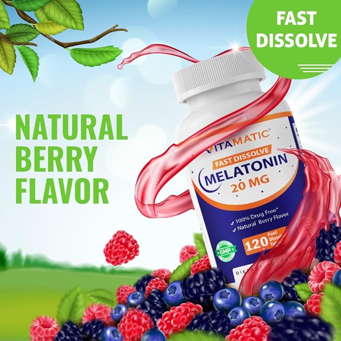 Vitamatic Melatonin 20 mg Tablets | Vegetarian Non-GMO Gluten Free | HIGH Potency 20 MG | Natural Berry Flavor (1/2 Tablets = Melatonin 10 mg) (120 Count (Pack of 3))