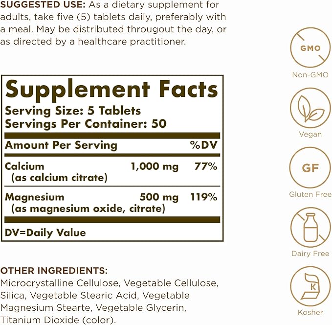 Solgar Calcium Magnesium Citrate 250 Tablets (Pack of 2) - Supports Healthy Bones &amp Teeth - Musculoskeletal &amp Nervous System Support - Highly Absorbable - Non-GMO and Vegan - 100 Total Servin