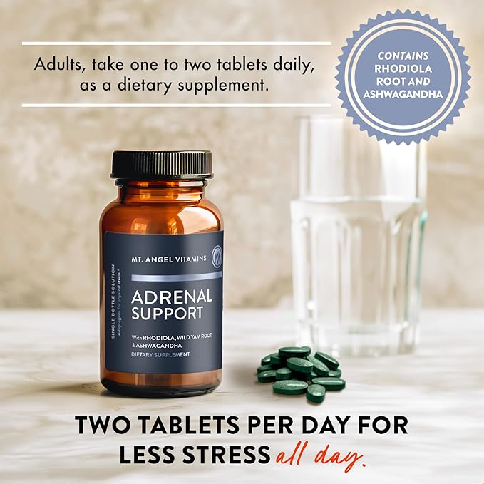 Mt. Angel Vitamins - Adrenal Support - Mood Focus Relaxation Stress and Adaptogens Support w/Ashwagandha Extracts - 60 Tablets