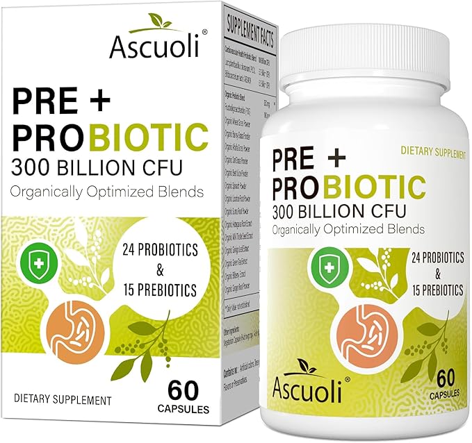 Ascuoli Probiotics for Women &amp Men - 300 Billion CFU 24 Strains Probiotics + 15 Organic Herbs Blend Daily Probiotic for Digestive Health Immune Gut Bloating - 60 Capsule