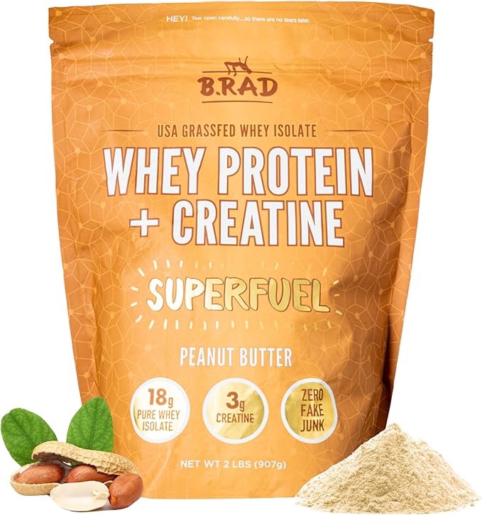 B.rad Superfuel - Grass Fed Whey Protein Isolate Boosted with Creatine | Farm-Fresh Easy-to-Digest Clean Ingredients | 2 Pounds | 100% USA Sourced | Peanut Butter
