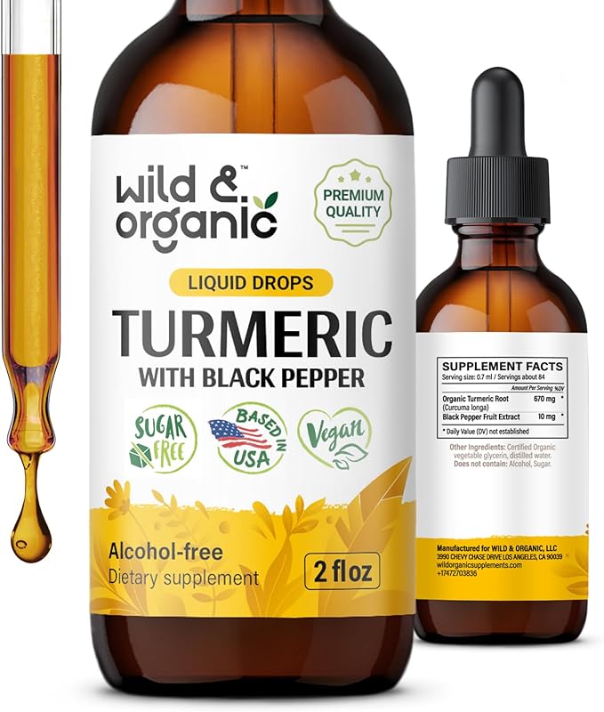 Wild &amp Organic Turmeric Curcumin Supplement with Black Pepper - Movement &amp Immune Support - Liquid Turmeric Curcumin with Black Pepper - Add to Tea Drops - Vegan Sugar &amp Alcohol-Free Tinc