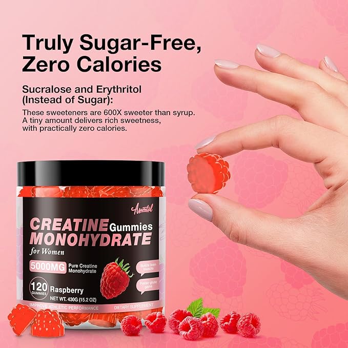 Creatine for Women 5000 MG Creatine Gummies Creatine Monohydrate Supplement for Muscle Growth Strength &amp Energy Support Sugar Free Pre Workout Gummies 120 Count Raspberry Flavor