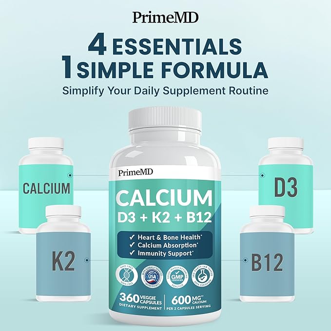 4-in-1 Calcium Supplements for Women and Men - Calcium with Vitamin D3 K2 5000 IU Supplement 601mg per Serving for Heart Bones &amp Body Defenses - Gluten-Free Vegan-Friendly (360 ct) (Pack of 1)