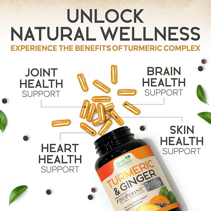 Turmeric Curcumin Supplement - 2200mg Curcumin Complex &amp 400mg Organic Ginger per Serving - 95% Curcuminoids &amp BioPerine Black Pepper for Best Absorption &amp Joint Support Bottled in USA -