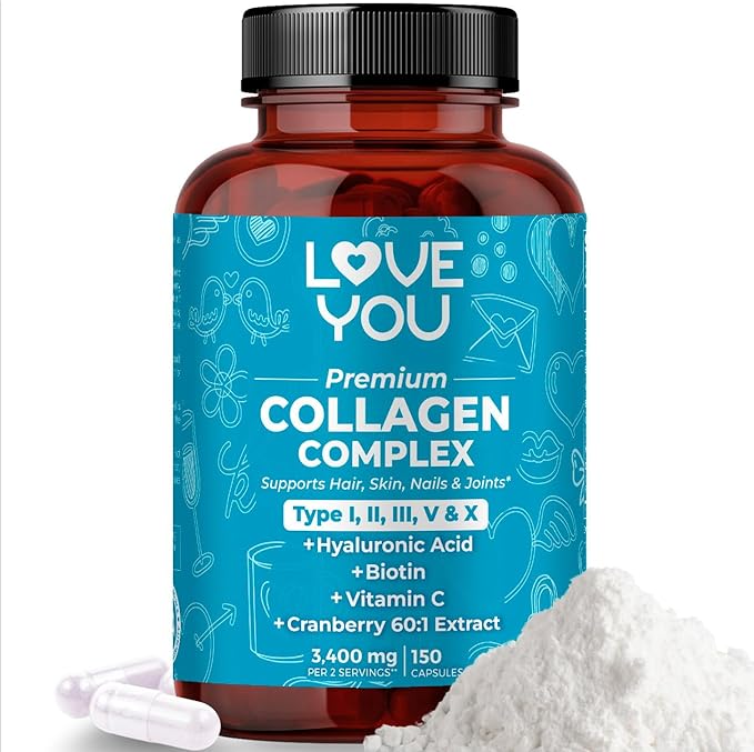 Love You Collagen Complex – Types I II III V &amp X – Hair Skin Nails Joints &amp Gut Support – Hydrolyzed Bovine Collagen Peptides – Grass-Fed Non-GMO 120 Capsules USA Made