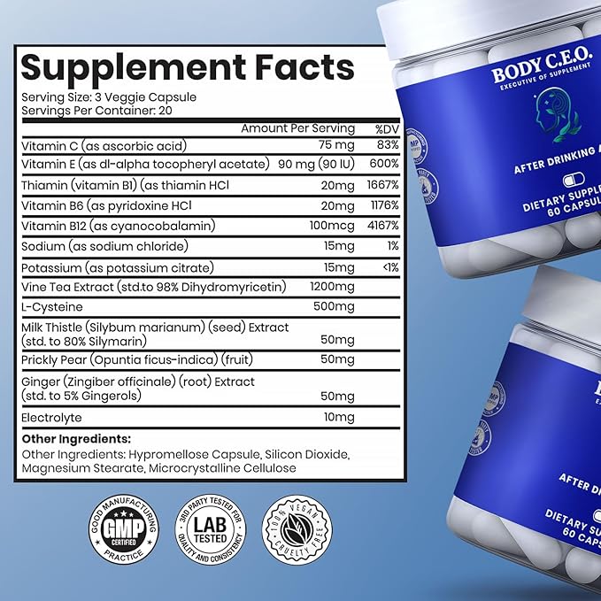 Body C.E.O. After Drinking Aid - Electrolyte Balance &amp Recovery - DHM (Dihydromyricetin) L-Cysteine Prickly Pear Milk Thistle Zinger Vitamin-B for Recovery - Filler-Free Formula - 60 Capsules