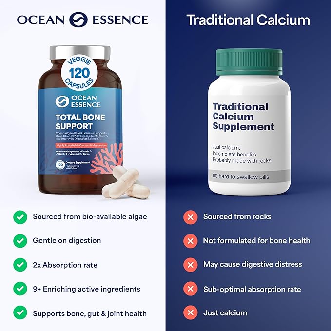 OCEAN ESSENCE Total Bone Support - Plant-Based Algae Calcium Supplement for Supporting Bone Density &amp Strength - for Men &amp Women 35+ - 120 Natural Calcium Capsules - Vitamins for Optimal Healt