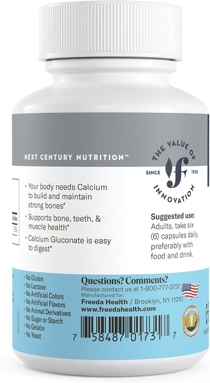 Freeda Calcium Gluconate – Kosher Vegan Calcium Supplement – Easy to Digest &amp Absorb – Supports Bone Strength – Pure Calcium Without Vitamin D – (100 Capsules)