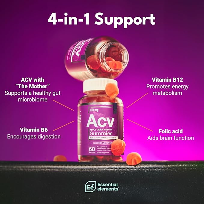 Essential Elements Apple Cider Vinegar Gummies from The Mother - Naturally-Sourced Vegan ACV with Folic Acid and Vitamin B6 &amp B12 (2 Pack)