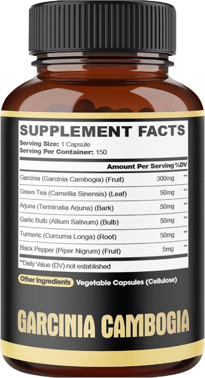 Premium Garcinia Cambogia Capsules with Green Tea Arjuna Garlic Turmeric Black Pepper - Body Health &amp Immune Support Supplement - 1 Pack 150 Caps for 5 Months