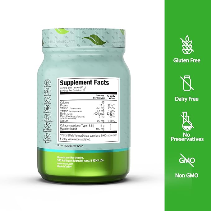 ORZAX Collagen Peptides Powder - 11 g Collagen Type I &amp III Biotin &amp Hyaluronic Acid 16 oz (Unflavored)