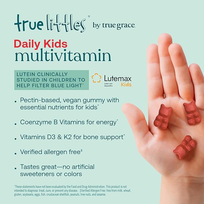 True Grace True Littles Daily Kids Multi - 120 Pectin Gummies - Immune Cognitive Bone &amp Eye Support - Clinically Studied Lutemax Kids Lutein &amp Vitamin D3 + K2 - Allergen Free &amp Vegan - 1