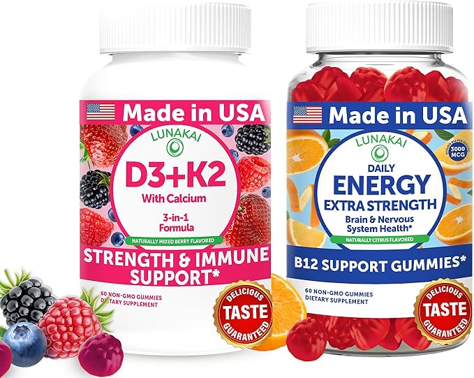 Lunakai USA Made D3+K2 with Calcium &amp Energy B12 Gummies Bundle – Vegan Non-GMO – 60 Gummies Each