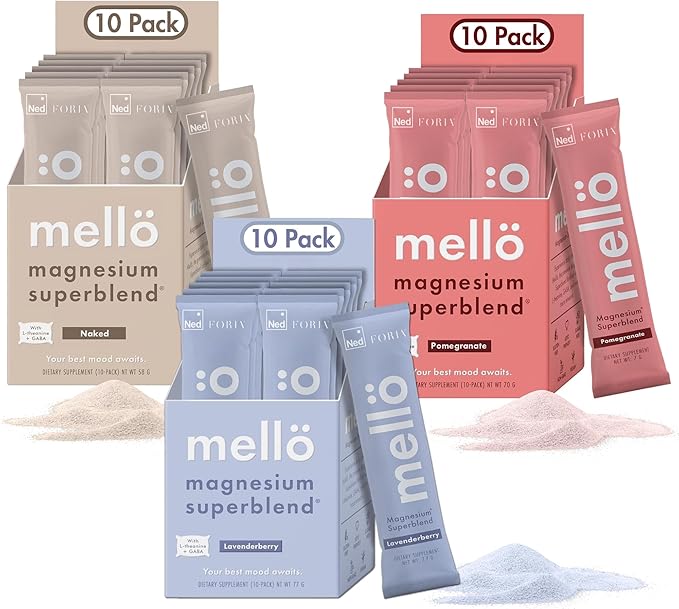 mellö Magnesium Superblend Bundle - Lavenderberry Pomegranate &amp Unflavored- Magnesium Glycinate with L-Theanine GABA &amp Trace Minerals- Supports Sleep Relaxation and Balanced Energy- 3 x 10