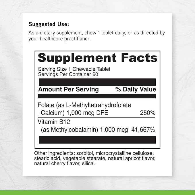 DAVINCI Labs Active Folate B12 Chewable - Dietary Supplement to Support Heart Health Healthy Nerves Immune Function and Energy Production* - with Folate and Vitamin B12-60 Chewable Tablets