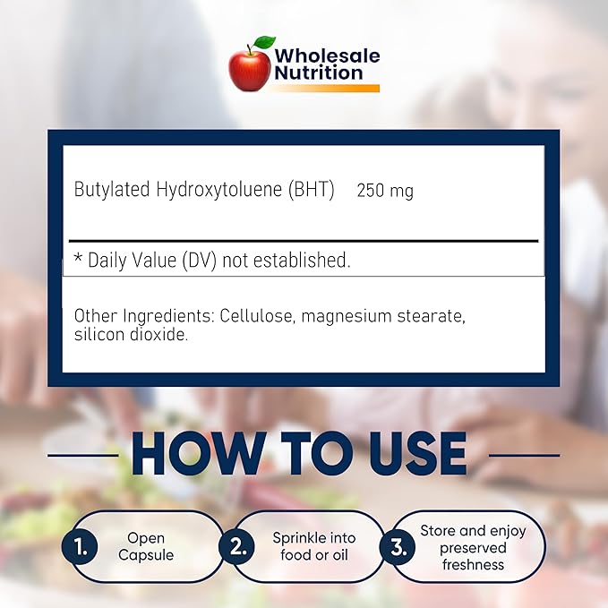 Wholesale Nutrition BHT - 250mg Potent Antioxidant - Non-GMO Gluten-Free - Enhance Oil/Fat Preservation - Pure Butylated Hydroxytoluene for Foods/Oils - 180 Capsules