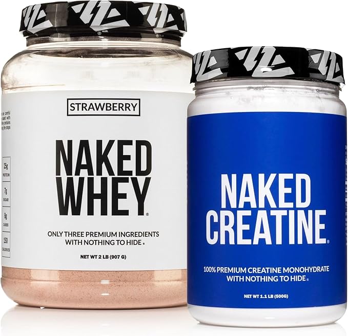 NAKED Strawberry Whey Protein Powder (24 Servings) Pure Micronized Creatine Monohydrate 500g (100 Servings) – Grass-Fed Bulk Non-GMO Gluten Free Soy Free