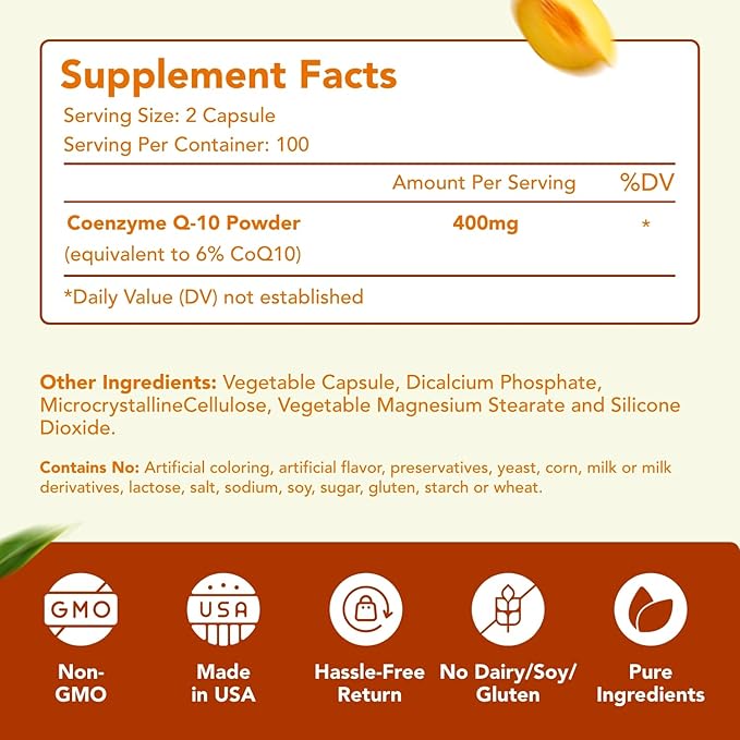 Coenzyme Q10 400mg CoQ10 Supplement - Once Daily Coq 10 400mg Powder Capsules for Healthy Heart Antioxidant and Energy Support - Non-GMO Quick Absorption Ubiquinone Q10 Coenzyme (200 Servings)
