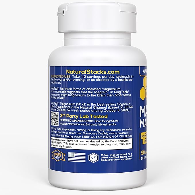Magtein Magnesium L-Threonate Glycinate &amp Taurate – 200mg Chelated Magnesium Complex – MagTech Magnesium Supplement for Relaxation &amp Brain Health – 90 Capsules