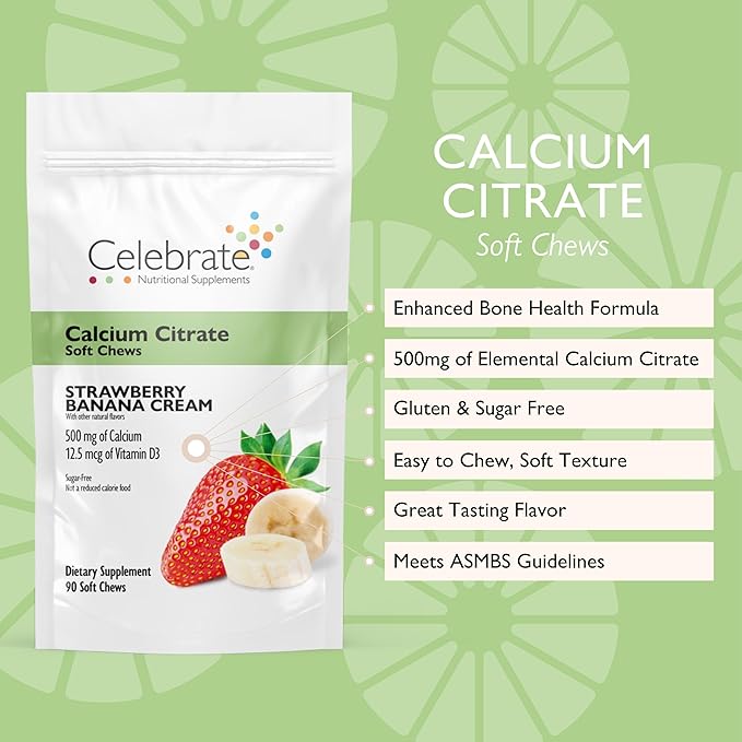 Celebrate Vitamins Bariatric 500mg Calcium Citrate Soft Chews with 500 IU Vitamin D3 – Essential for Gastric Bypass Patients &amp Bone Health - Sugar &amp Gluten Free Strawberry Banana Cream (90 Ch