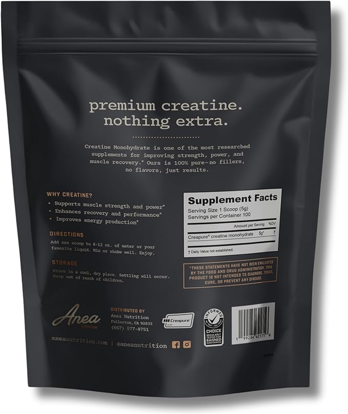 Anea Creatine Monohydrate - Unflavored | 5g Creapure® per Serving | Supports Muscle Energy Strength &amp Recovery | Pure &amp Filler-Free | Made in GMP Facility