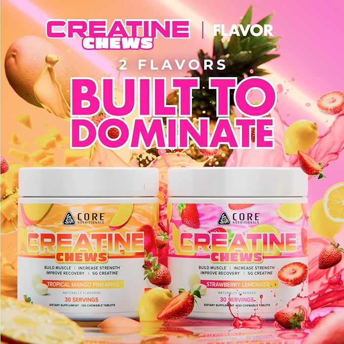 Core Nutritionals Creatine Chews | Creatine Monohydrate with Sea Salt | Muscle Strength Performance &amp Hydration Support | 30 Servings (Strawberry Lemonade)