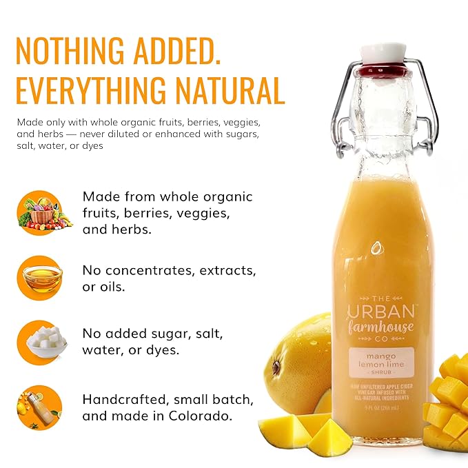 The Urban Farmhouse Co Organic Vinegar Shrub – Mango Lemon Lime 9 oz Bottle – Small Batch Drinking Vinegar with Apple Cider Vinegar &amp Citrus Fruits – Cocktail Mixer Gut Health Tonic No Sugar Ad