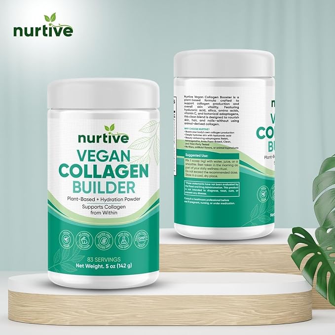 Vegan Collagen Builder Powder - 83 Servings - Gluten-Free Plant-Based Collagen Support with Hyaluronic Acid Amla Reishi Ashwagandha - Skin Hydration Hair &amp Nail Strength (5oz/142g)