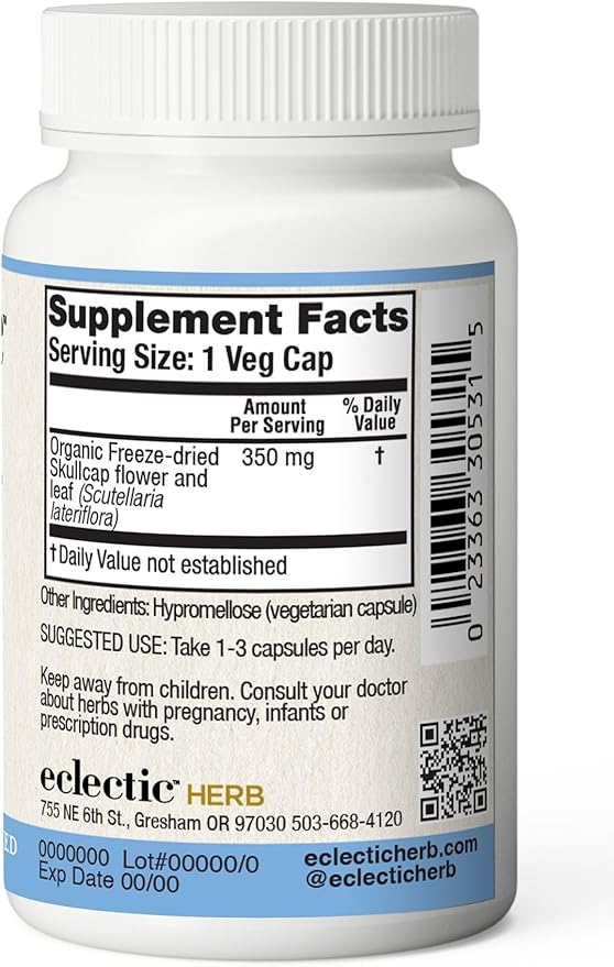 Eclectic Institute Raw Fresh Freeze-Dried Non-GMO Skullcap | Nervous System Support | 90 CT (350 mg)