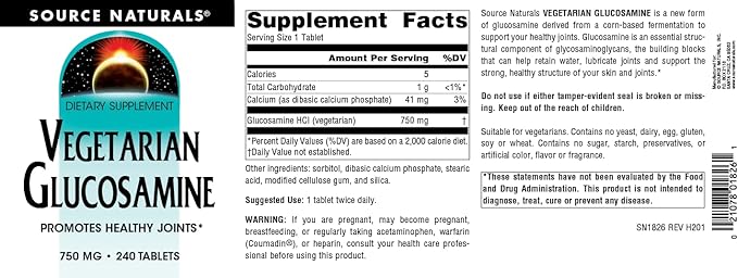 Source Naturals Vegetarian Glucosamine Promotes Healthy Joints* 750 mg Tablet - 240 Count