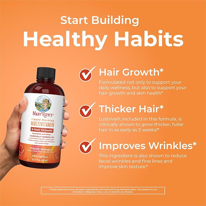 MaryRuth's MaryRuth's Liquid Morning Multivitamin +Hair Growth (Peach Mango 15.22oz) &amp Iron Liquid (Berry) | Clean Label Project Verified® | Beauty Immunity &amp Overall Health | Vegan Non-GM