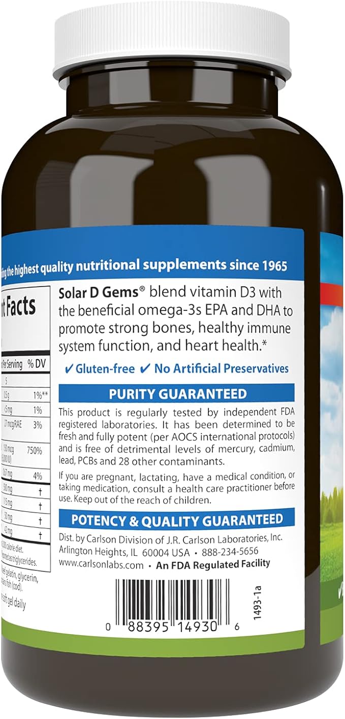 Carlson - Solar D Gems Vitamin D3 and Omega-3 Supplement 6000 IU (150 mcg) Vitamin D3 115 mg Omega-3s EPA and DHA Supplement Wild Caught Sustainably Sourced Lemon 360 Softgels