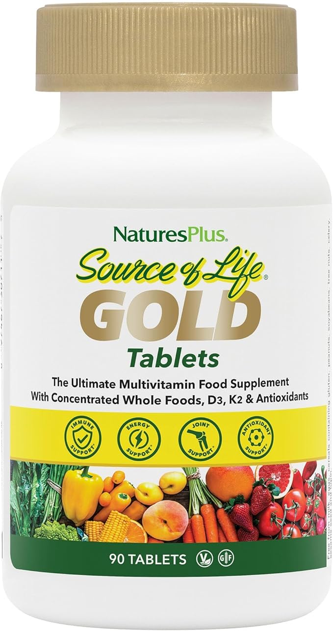 NaturesPlus Source of Life GOLD Multivitamin - 90 Tablets - With Vitamins D3 B12 &amp K2 - Blood Bone &amp Immune Support - Vegetarian &amp Gluten Free - 30 Servings