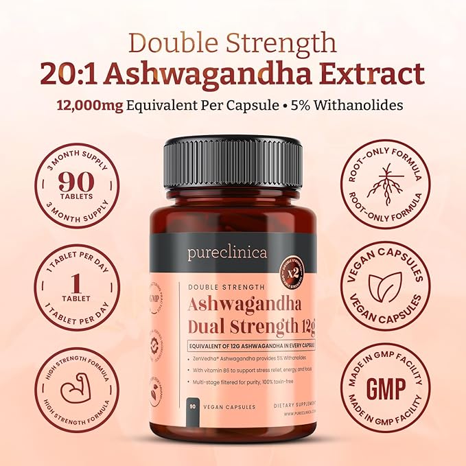 pureclinica Double Strength ZenVedha® Ashwagandha 12000mg x 90 Vegan Capsules – 5% Withanolides – with Vitamin B6 for Stress Relief Energy &amp Focus- 3 Month Supply