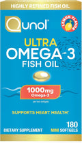 Qunol Fish Oil Omega 3 Mini Softgels 1000mg Omega 3 EPA + DHA Ultra Pure Supplements Heart Health Support Lemon Flavor Easy to Swallow Minis 3 Month Supply 180 Count