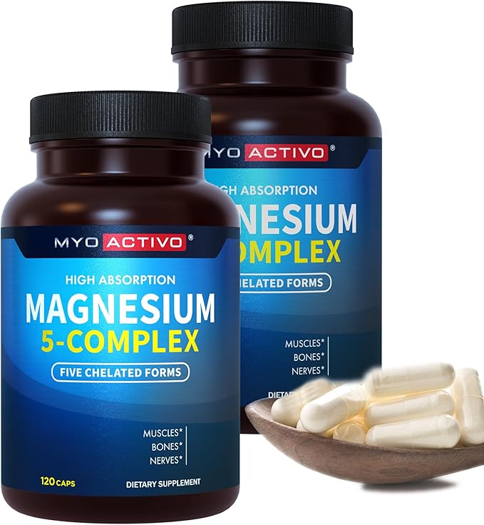 Magnesium 5 Complex - Chelated Magnesium Glycinate Malate Citrate Taurate &amp Aspartate for Nerves Muscles Bones - 2 Pack