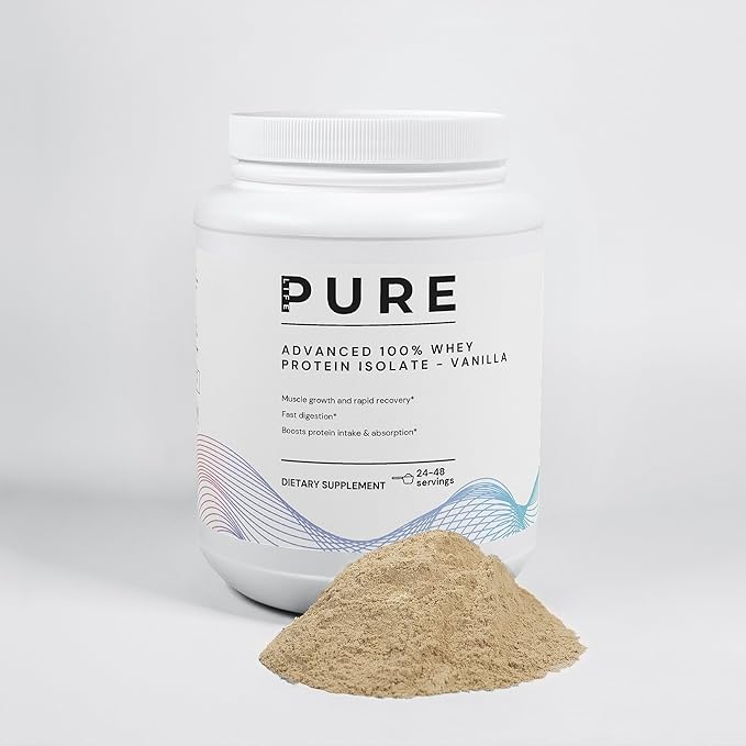 PURE LIFE Advanced Whey Protein Isolate Vanilla – 100% Pure &amp Natural Whey Protein Vanilla Powder – Low Carb – 48 Servings – High Protein Powder for Muscle Recovery and Fast Digestion