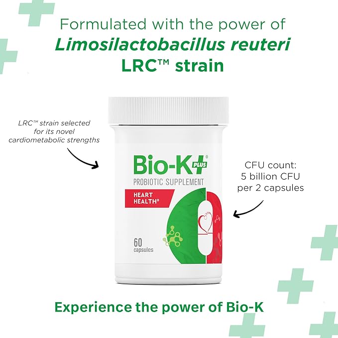 Bio-K+ Probiotics for Heart Health with Limosilactobacillus reuteri LRC – Heart Health Probiotic for Cholesterol &amp Cardiovascular Support 5 Billion CFU Vegan Shelf-Stable – 60 Capsules