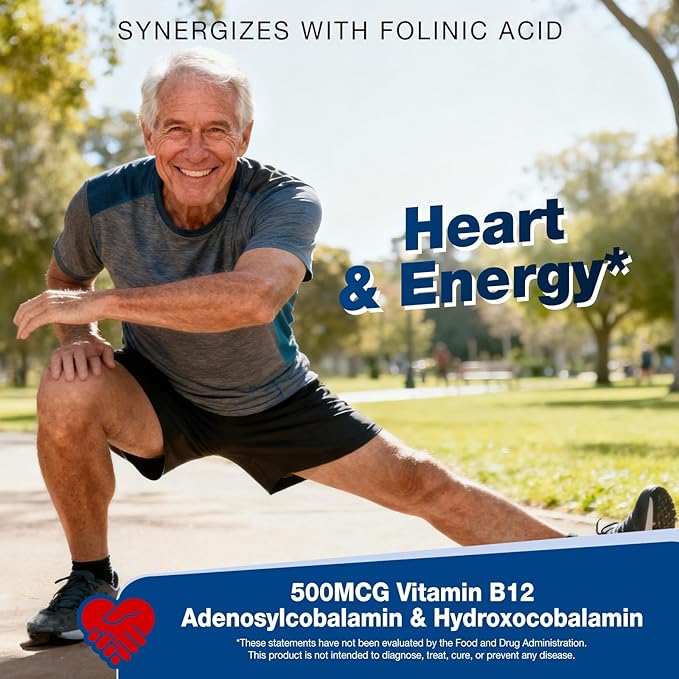 Active Folate (Folinic Acid 1000 MCG) + B12 500 mcg (Adenosyl &amp Hydroxo) Gentle &amp Highly Absorbable Supports Energy Brain Health &amp Metabolism Vegan 90 ct