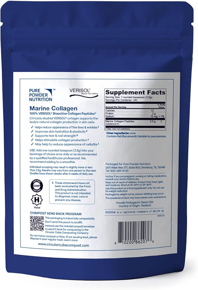 Skin Collagen with Marine VERISOL Collagen Peptides for Skin Hair &amp Nails | 100 Serves (No Flavor) | Powder
