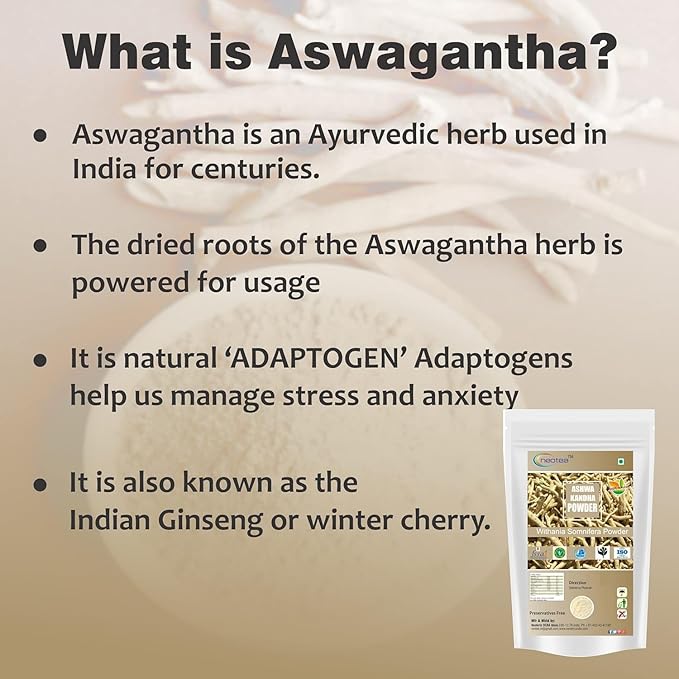neotea Organic Ashwagandha Root Powder | 100% Pure Withania Somnifera Root | Herbal Supplement | Non-GMO Vegan Gluten-Free | Natural Energy &amp Vitality Support | No Additives (500 GM(17.63OZ))