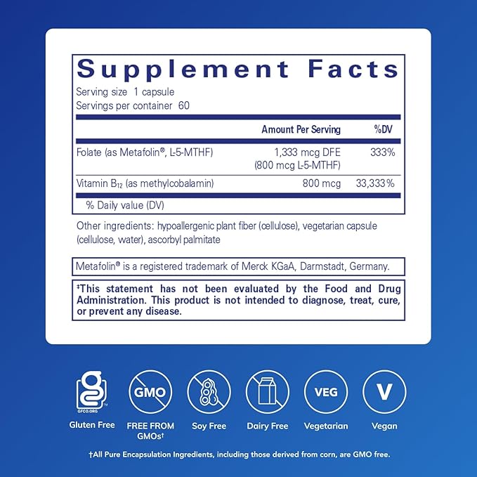 Pure Encapsulations B12 Folate - Energy Supplement to Support Nerves Energy Metabolism &amp Cognitive Support* - with Vitamin B Folate as Metafolin - 60 Capsules