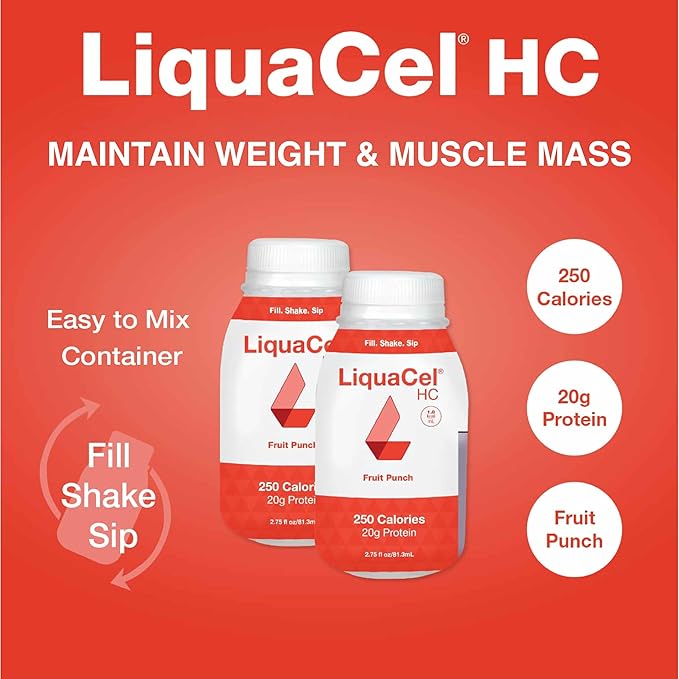 LiquaCel HC High-Calorie High-Protein Drink Fruit Punch Flavor 250 Calories &amp 20g Protein per Serving Gluten Free Kosher Suitable for Lactose Intolerance 2.75 fl oz Bottle 30ct Case