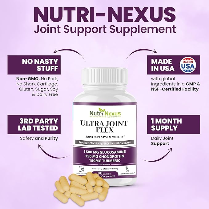 Joint Support Supplement with Glucosamine Chondroitin MSM Turmeric Boswellia - for Men and Women - Promotes Mobility Flexibility and Comfort - Made in USA - 90 Capsules