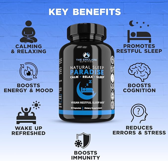 THE ENCLARE NUTRITION Melatonin 10mg Sleep Aid for Adults with Ashwagandha GABA 5HTP L Theanine Vitamin B6 Inositol Calcium Magnesium Natural Sleep Support Supplement Vegan 60ct. (1)