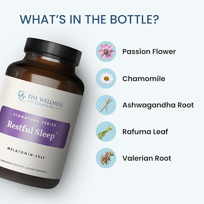 The Wellness Company Restful Sleep - Melatonin-Free Deep Sleep REM Support Non-Habit Forming - Kava Rafuma Leaf Ashwagandha &amp Valerian Root | 60ct (1 Month Supply)