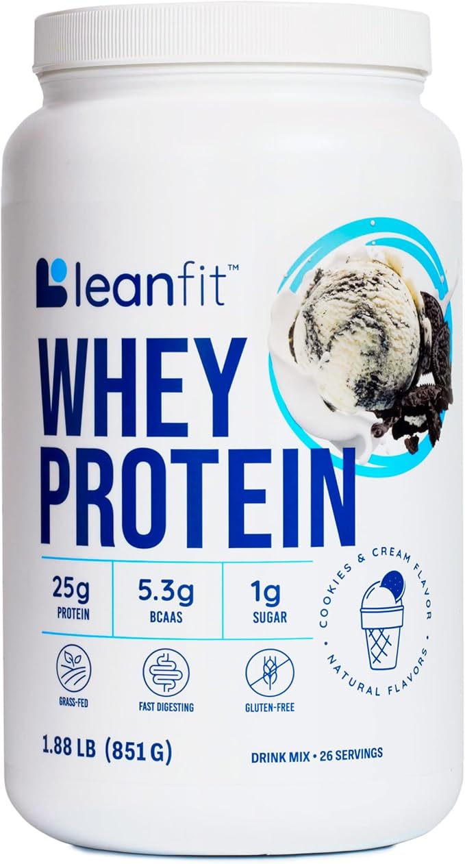 LeanFit WHEY Protein Cookies &amp Cream - 100% Whey Protein Powder 25g Protein Per Serving - Grass-Fed Gluten-Free BCAAs Amino Acid - 26 Servings 1.88 lb Tub