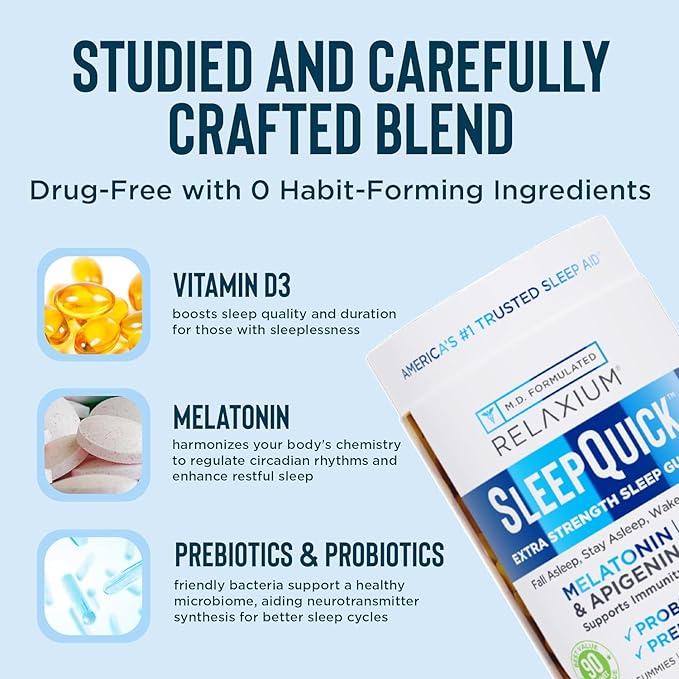 Relaxium SleepQuick Gummies - Sleep Aid + Gut Health &amp Immune Support 5mg Melatonin Vitamin D-3 + Prebiotic &amp Probiotic Blend Gluten &amp Drug Free Lemon Flavor 90 Gummies (Pack of 2)